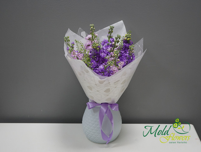 Букет из фиолетовых и сиреневых маттиол в вазе Фото